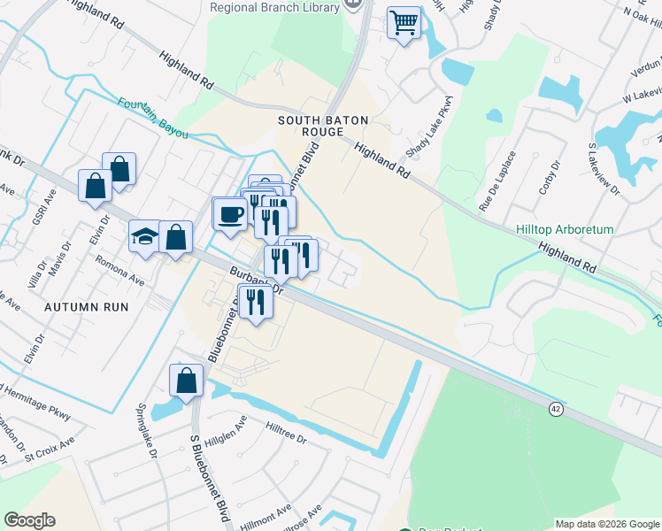 map of restaurants, bars, coffee shops, grocery stores, and more near 10705 Burbank Drive in Baton Rouge