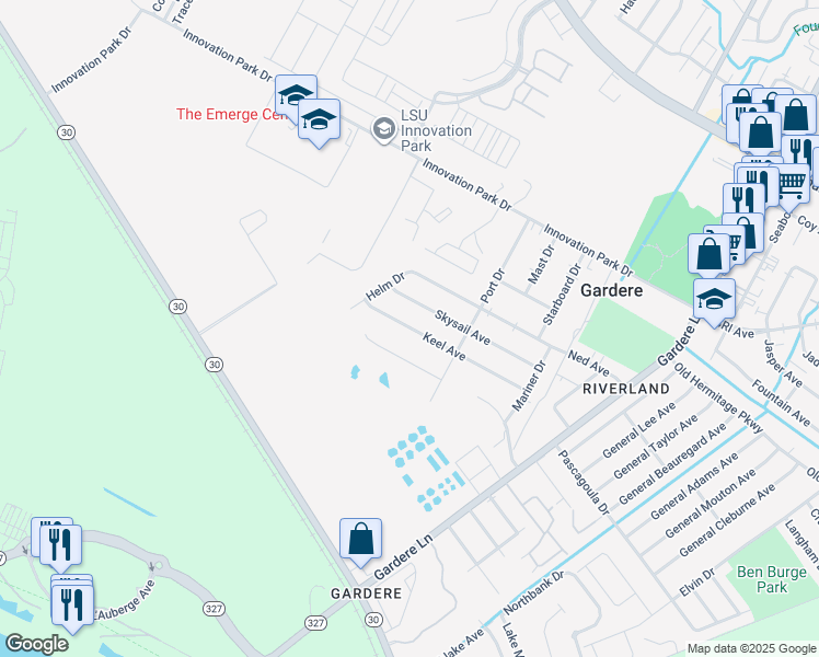 map of restaurants, bars, coffee shops, grocery stores, and more near 8033 Starwood Court in Baton Rouge