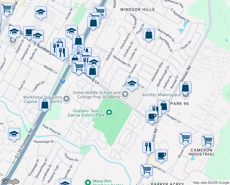 map of restaurants, bars, coffee shops, grocery stores, and more near 9404 Teasdale Terrace in Austin