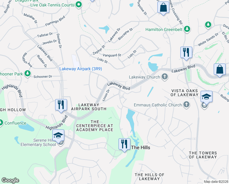 map of restaurants, bars, coffee shops, grocery stores, and more near 11 Muirfield Greens Lane in Lakeway