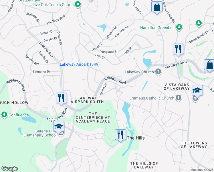 map of restaurants, bars, coffee shops, grocery stores, and more near 27 Troon Drive in Lakeway