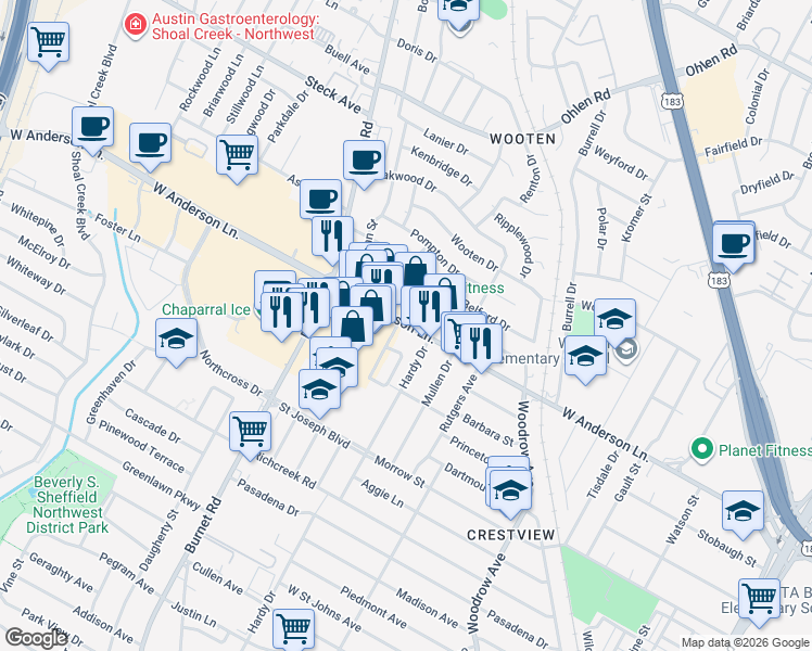map of restaurants, bars, coffee shops, grocery stores, and more near 2007 West Anderson Lane in Austin