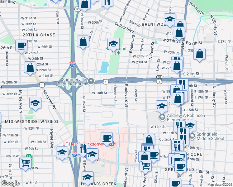 map of restaurants, bars, coffee shops, grocery stores, and more near 2624 Flanders Street in Jacksonville