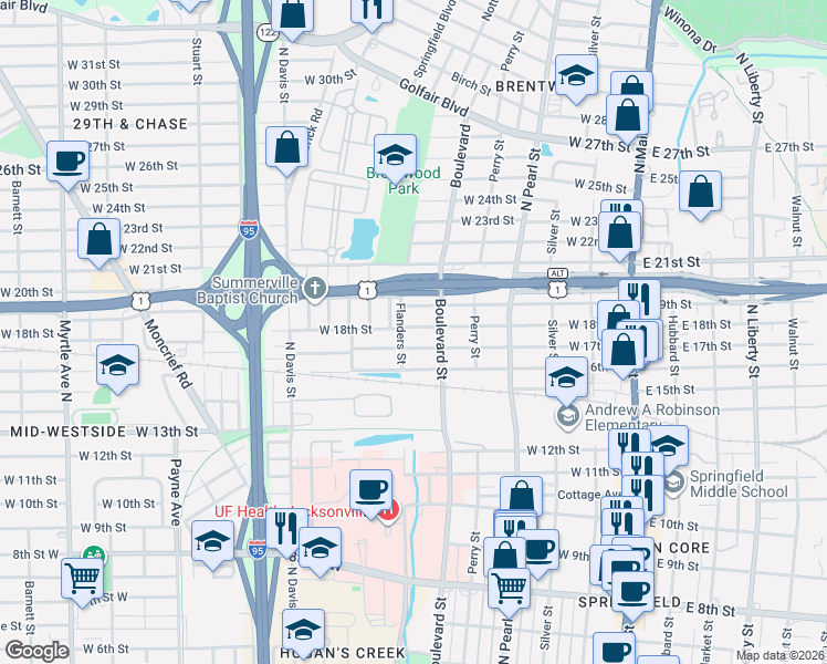 map of restaurants, bars, coffee shops, grocery stores, and more near 2624 Flanders Street in Jacksonville