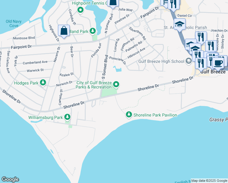 map of restaurants, bars, coffee shops, grocery stores, and more near 800 Shoreline Drive in Gulf Breeze