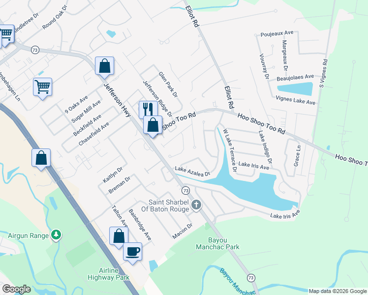 map of restaurants, bars, coffee shops, grocery stores, and more near 18412 Doc Olena Drive in Baton Rouge
