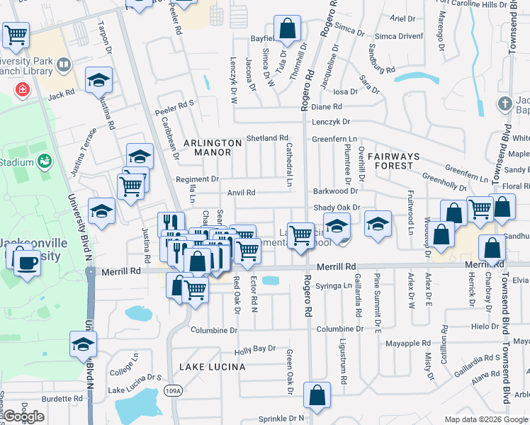 map of restaurants, bars, coffee shops, grocery stores, and more near 6238 Green Pine Lane in Jacksonville