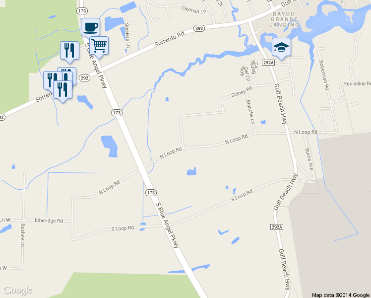 map of restaurants, bars, coffee shops, grocery stores, and more near 9845 North Loop Road in Pensacola