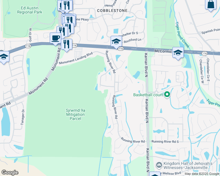 map of restaurants, bars, coffee shops, grocery stores, and more near 12134 Camp Creek Drive in Jacksonville