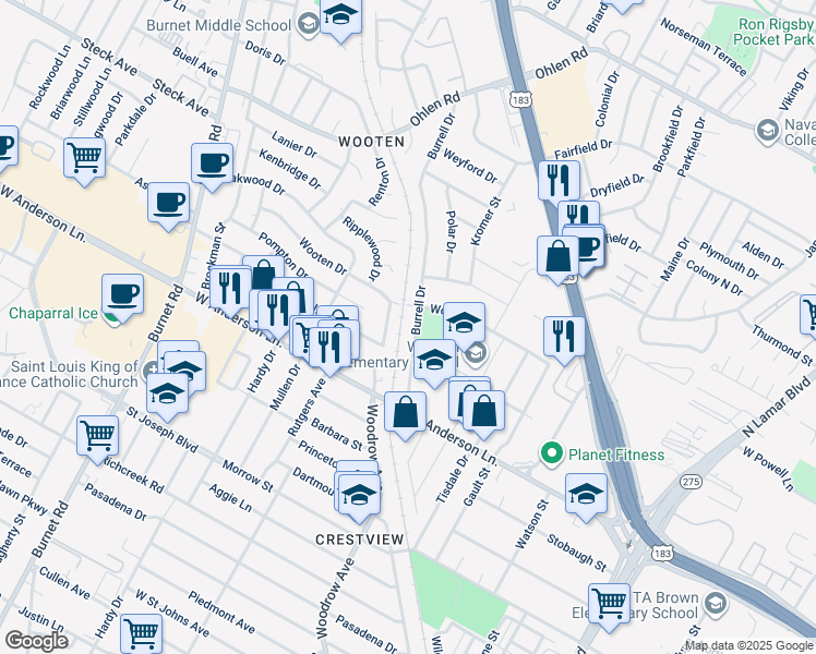 map of restaurants, bars, coffee shops, grocery stores, and more near 8008 Burrell Drive in Austin