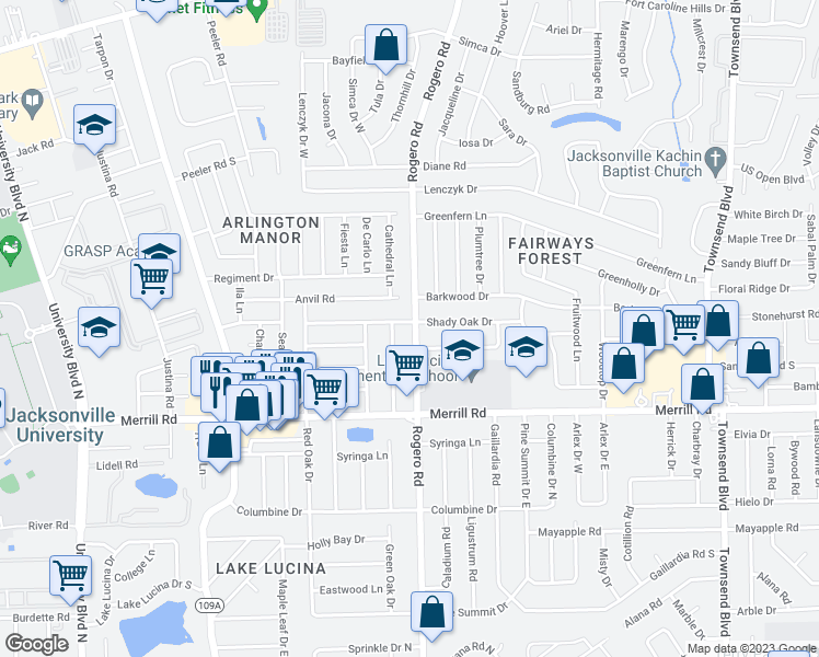 map of restaurants, bars, coffee shops, grocery stores, and more near 2946 Rogero Road in Jacksonville