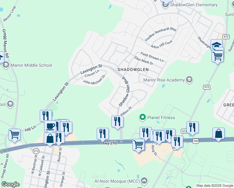 map of restaurants, bars, coffee shops, grocery stores, and more near 13604 Branch Light Lane in Manor
