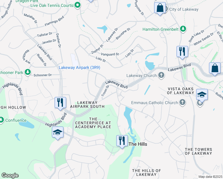 map of restaurants, bars, coffee shops, grocery stores, and more near 16 Troon Drive in Lakeway
