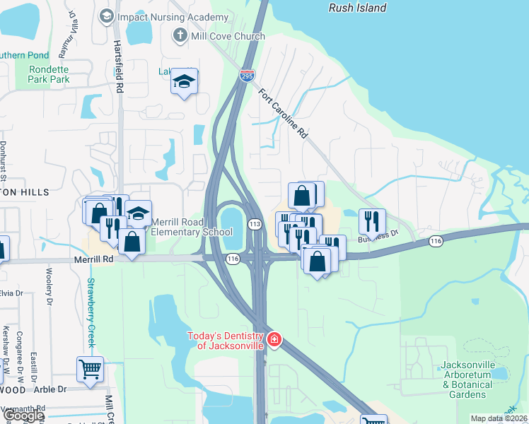map of restaurants, bars, coffee shops, grocery stores, and more near 9154 Upstream Court in Jacksonville
