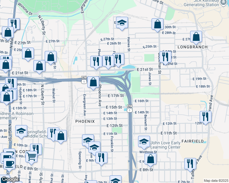 map of restaurants, bars, coffee shops, grocery stores, and more near 2822 Franklin Street in Jacksonville
