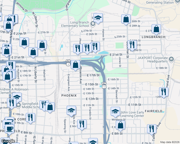 map of restaurants, bars, coffee shops, grocery stores, and more near 2822 Franklin Street in Jacksonville