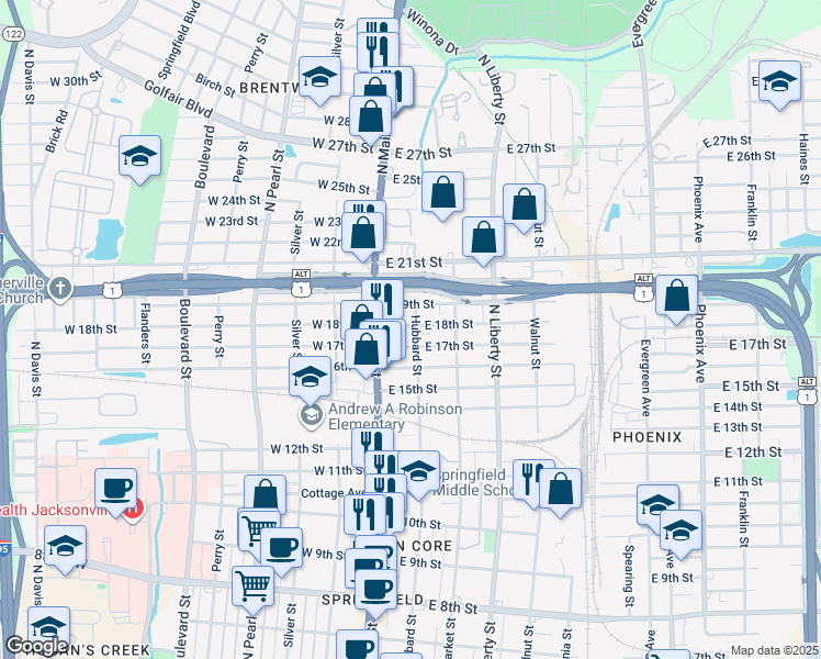 map of restaurants, bars, coffee shops, grocery stores, and more near 2824 Hubbard Street in Jacksonville