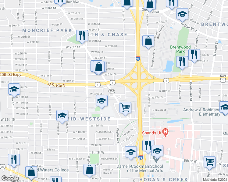 map of restaurants, bars, coffee shops, grocery stores, and more near 2905 Abbott Street in Jacksonville