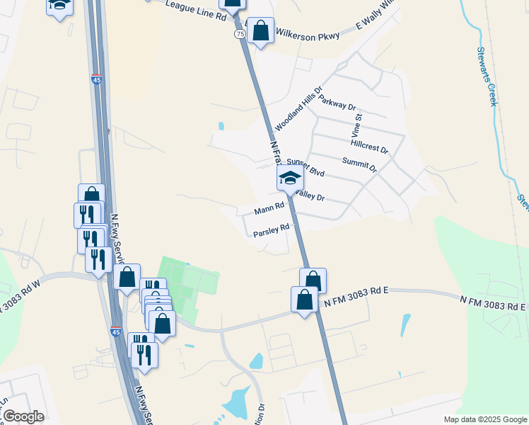 map of restaurants, bars, coffee shops, grocery stores, and more near 990 Mann Road in Conroe