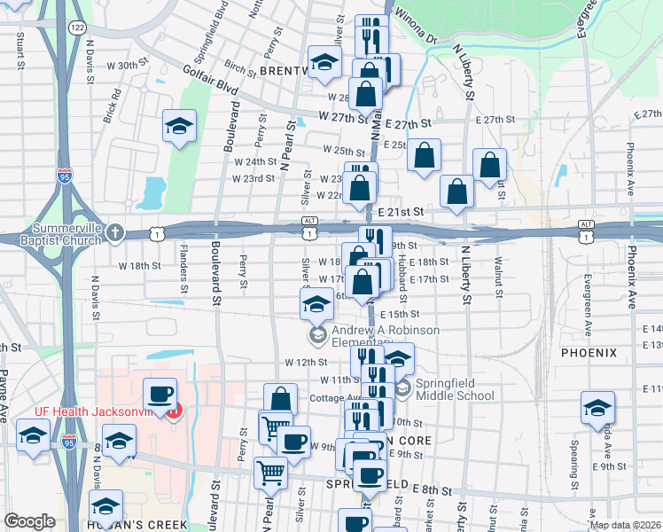 map of restaurants, bars, coffee shops, grocery stores, and more near 102 West 19th Street in Jacksonville