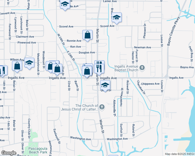 map of restaurants, bars, coffee shops, grocery stores, and more near 1901 Martin Street in Pascagoula