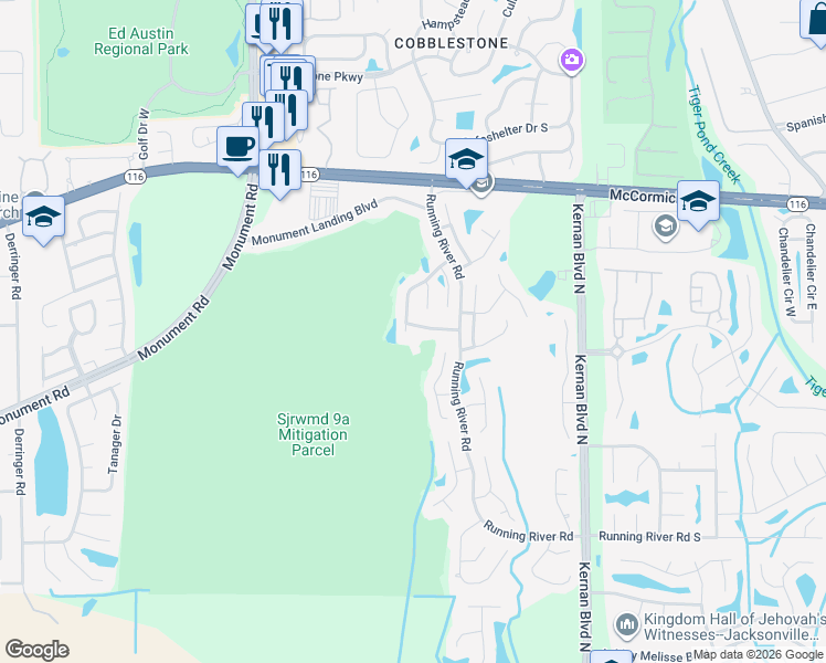 map of restaurants, bars, coffee shops, grocery stores, and more near 1805 Rush Creek Drive West in Jacksonville