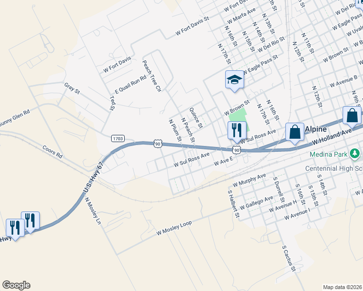 map of restaurants, bars, coffee shops, grocery stores, and more near 434 North Plum Street in Alpine