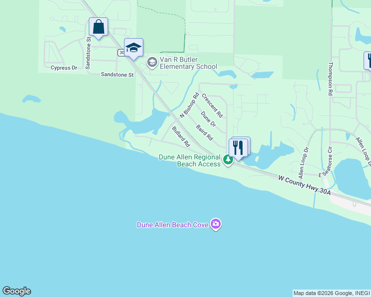 map of restaurants, bars, coffee shops, grocery stores, and more near 180 Highland Avenue in Santa Rosa Beach