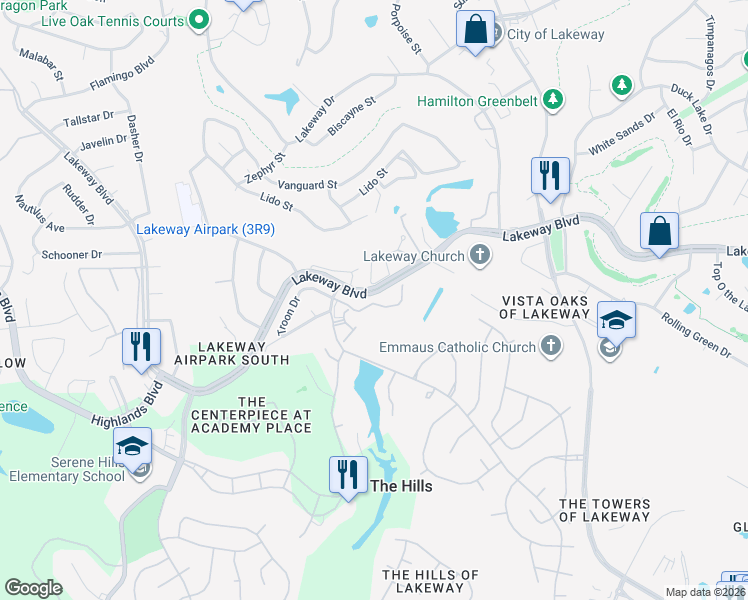 map of restaurants, bars, coffee shops, grocery stores, and more near 38 Prestonwood Circle in Lakeway