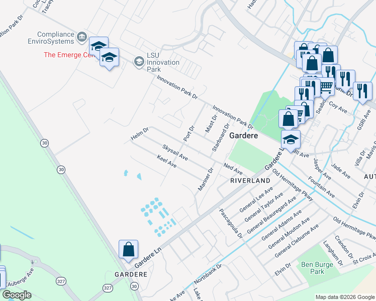 map of restaurants, bars, coffee shops, grocery stores, and more near in East Baton Rouge Parish