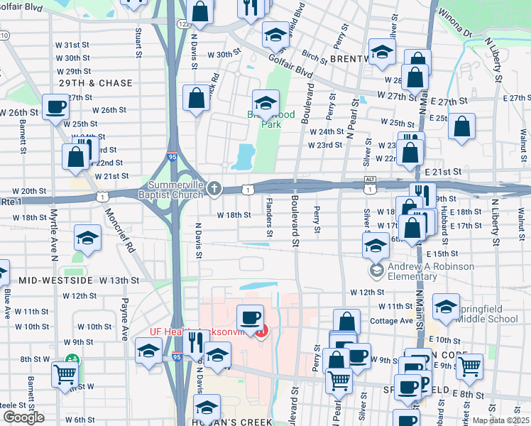 map of restaurants, bars, coffee shops, grocery stores, and more near 2830 Flanders Street in Jacksonville