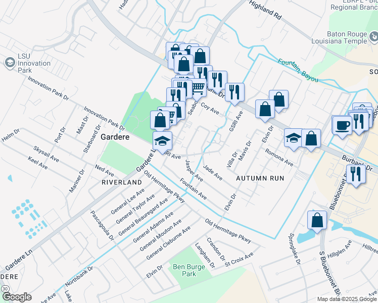 map of restaurants, bars, coffee shops, grocery stores, and more near 1428 Jade Avenue in Baton Rouge