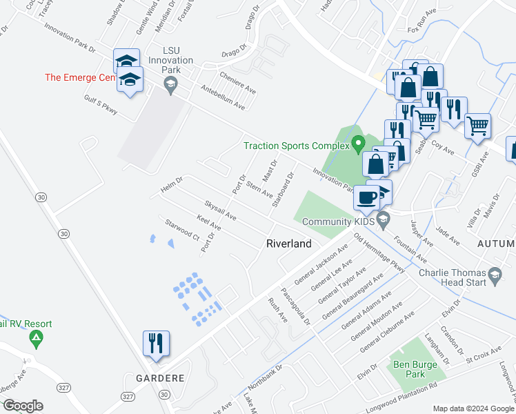 map of restaurants, bars, coffee shops, grocery stores, and more near 8246 Stern Avenue in Baton Rouge