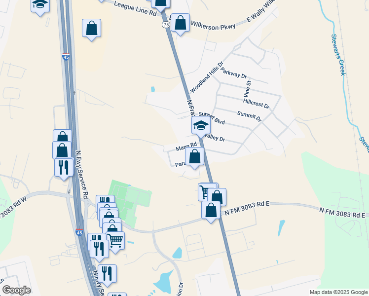 map of restaurants, bars, coffee shops, grocery stores, and more near 990 Mann Road in Conroe