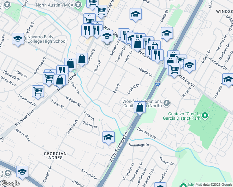 map of restaurants, bars, coffee shops, grocery stores, and more near 8908 East Drive in Austin