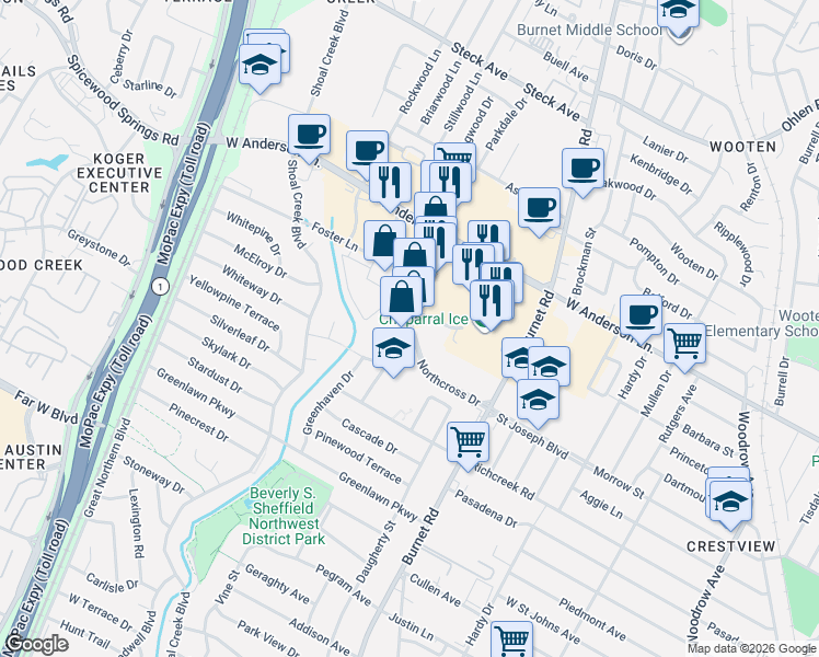 map of restaurants, bars, coffee shops, grocery stores, and more near 7714 Northcross Drive in Austin