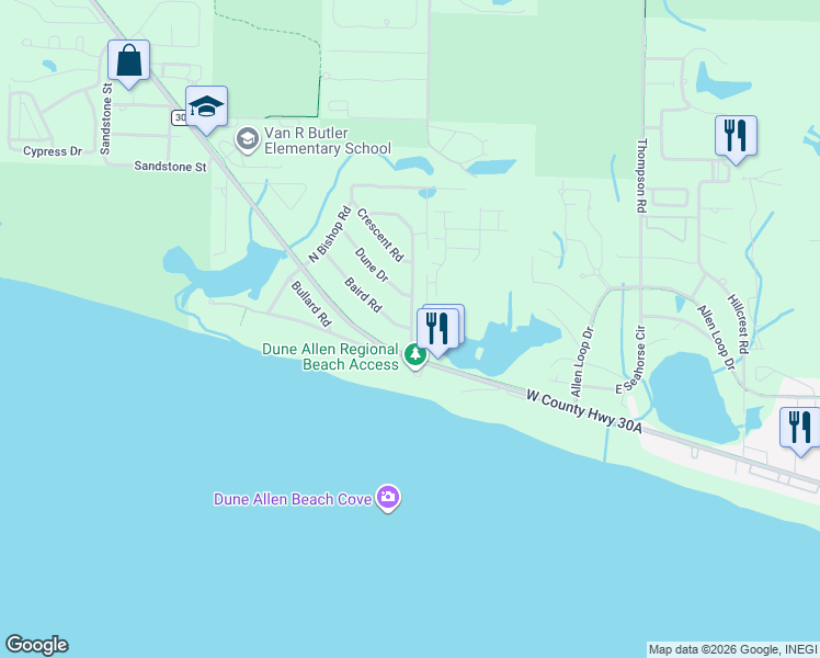 map of restaurants, bars, coffee shops, grocery stores, and more near 110 Hilltop Drive in Santa Rosa Beach