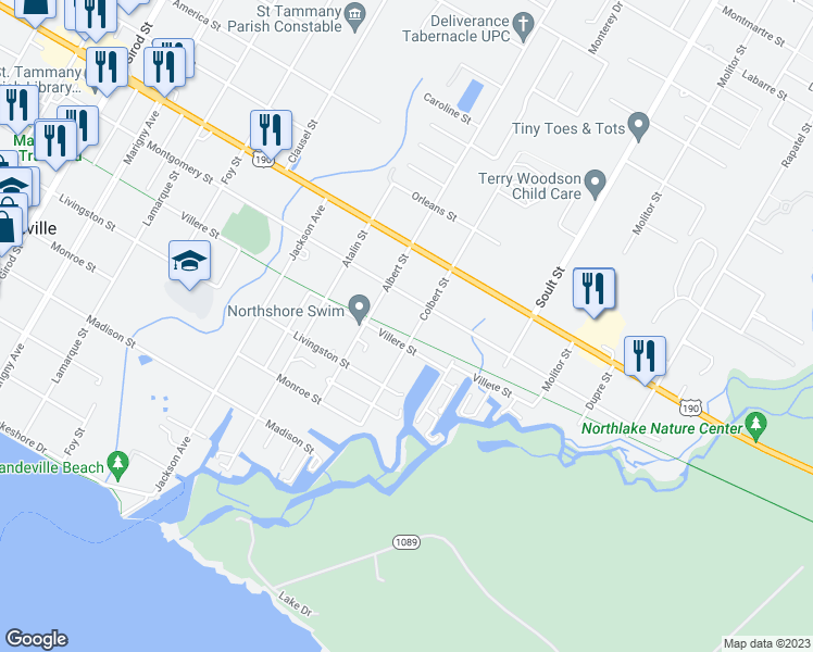 map of restaurants, bars, coffee shops, grocery stores, and more near 704 Colbert Street in Mandeville