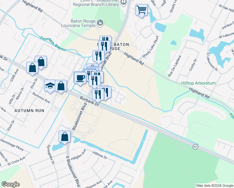 map of restaurants, bars, coffee shops, grocery stores, and more near 10600 Lakes Boulevard in Baton Rouge
