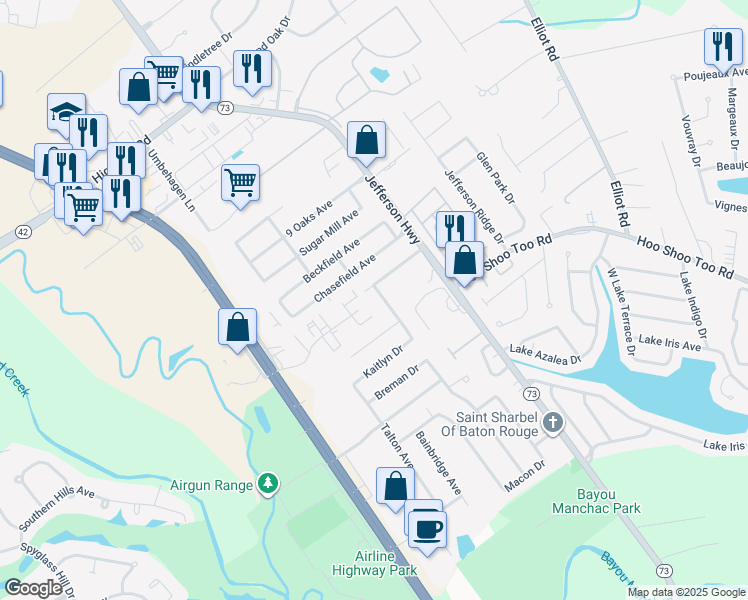 map of restaurants, bars, coffee shops, grocery stores, and more near 17614 Christopher Crossing Drive in Baton Rouge