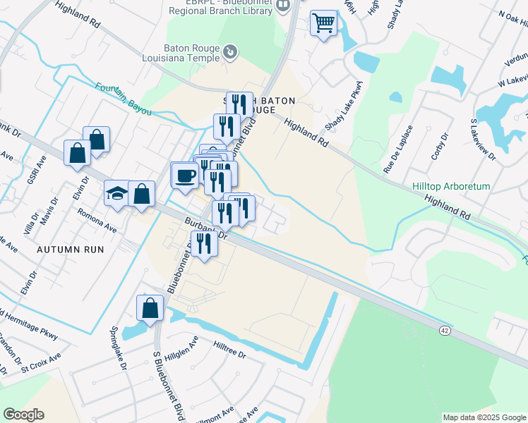 map of restaurants, bars, coffee shops, grocery stores, and more near 10600 Lakes Boulevard in Baton Rouge
