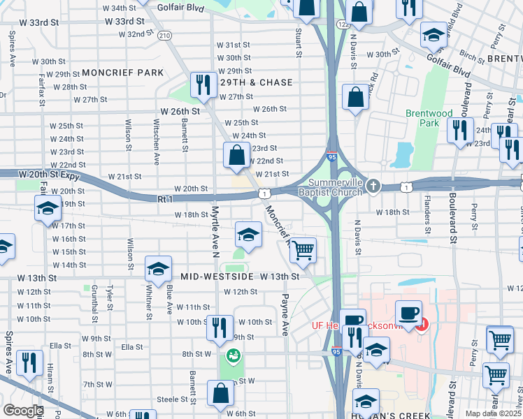 map of restaurants, bars, coffee shops, grocery stores, and more near 2862 Woodland Street West in Jacksonville