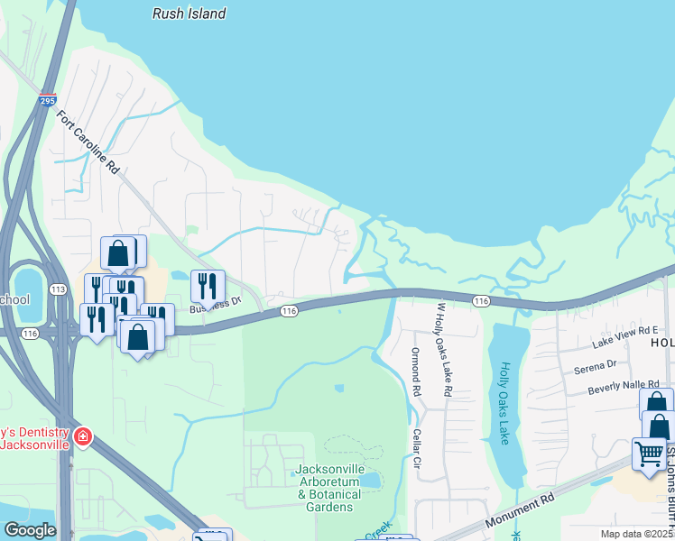 map of restaurants, bars, coffee shops, grocery stores, and more near 2051 Holly Oaks River Drive in Jacksonville
