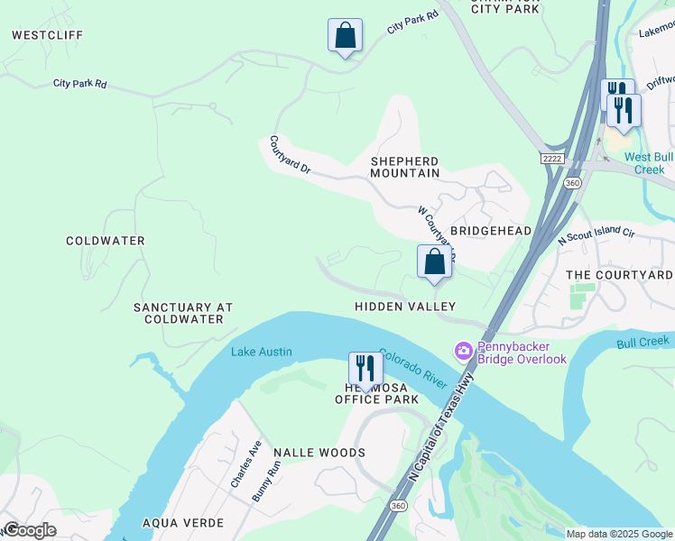 map of restaurants, bars, coffee shops, grocery stores, and more near 6504 Bridge Point Parkway in Austin
