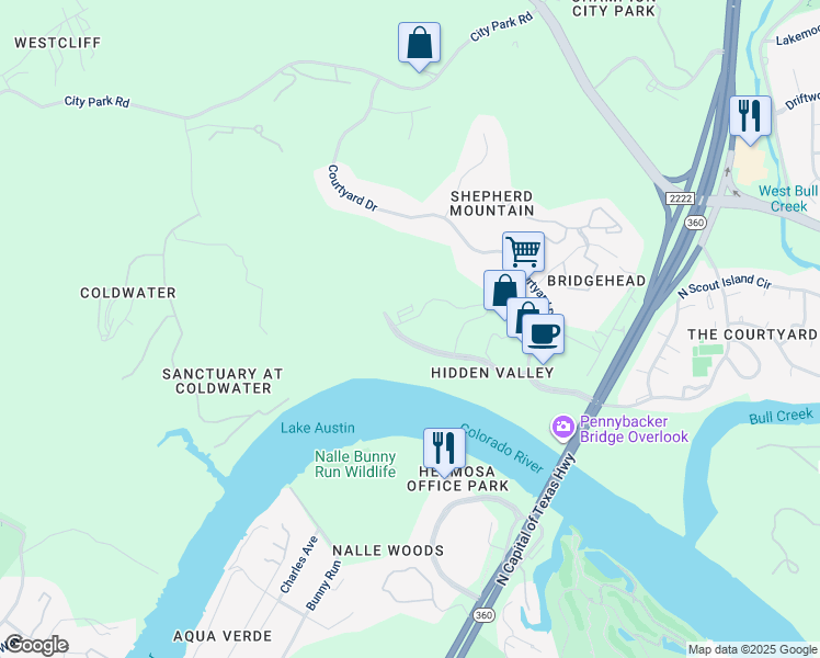 map of restaurants, bars, coffee shops, grocery stores, and more near 6504 Bridge Point Parkway in Austin