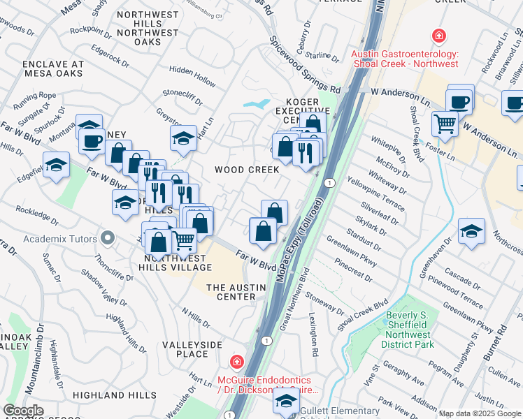 map of restaurants, bars, coffee shops, grocery stores, and more near 7131 Wood Hollow Drive in Austin
