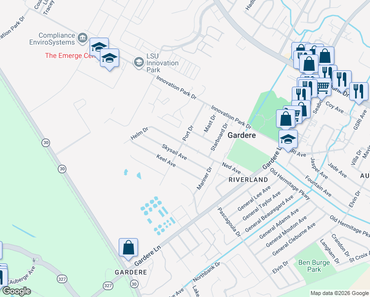 map of restaurants, bars, coffee shops, grocery stores, and more near in East Baton Rouge Parish