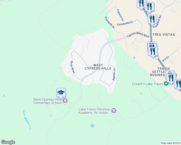 map of restaurants, bars, coffee shops, grocery stores, and more near 5425 Texas Bluebell Drive in Spicewood