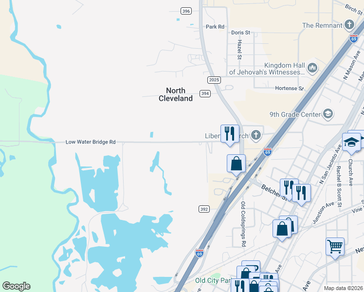 map of restaurants, bars, coffee shops, grocery stores, and more near 285 County Road 388 in Cleveland