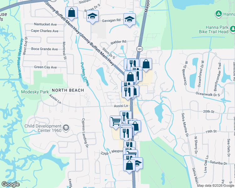 map of restaurants, bars, coffee shops, grocery stores, and more near 791 Assisi Lane in Atlantic Beach